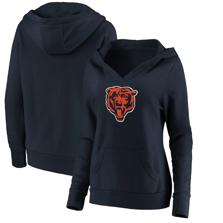 Women Chicago Bears NFL Pro Line by Fanatics Branded Navy Primary Team Logo V-Neck Pullover Hoodie->women nfl jersey->Women Jersey